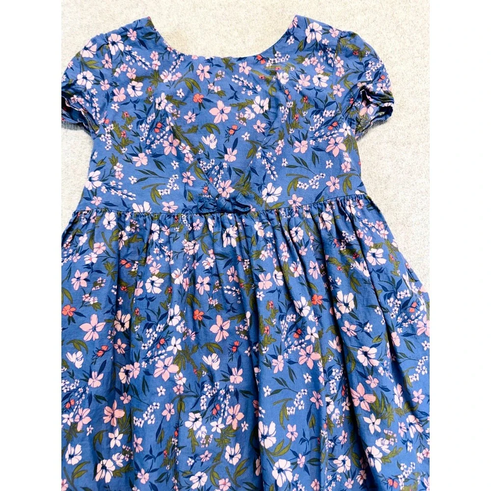 OshKosh‎ Bgosh Floral Dress Kids 4T Blue Short Sleeve Cotton Bow Back A-Line
